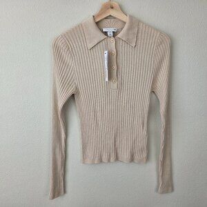 Topshop Ribbed Henley Knit Top Size S Beige Tan Neutral Preppy Collar Stretch